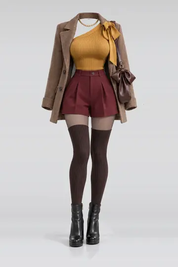 Ribbon knit top + red trousers