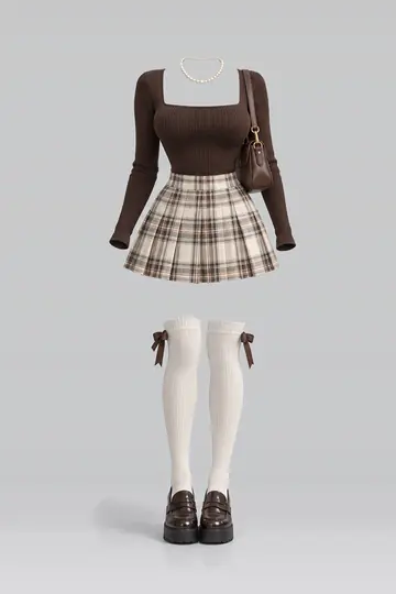 Brown knit top + ivory pleated mini skirt
