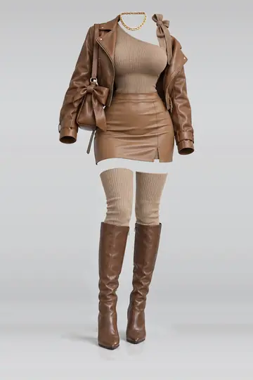 Khaki ribbon knit leather mini skirt + jacket
