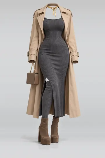 Knit dress + beige coat