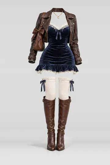 Navy lace velvet mini dress + leather jacket