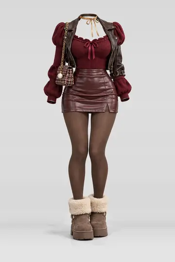 Red knit ribbon + burgundy leather mini skirt