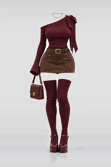 Burgundy ribbon knit suede mini skirt + belt