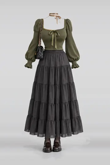 Olive green knit ribbon skirt + loafers