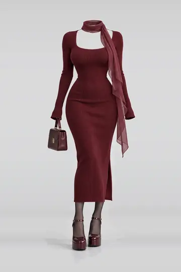 Red knit dress + black tights