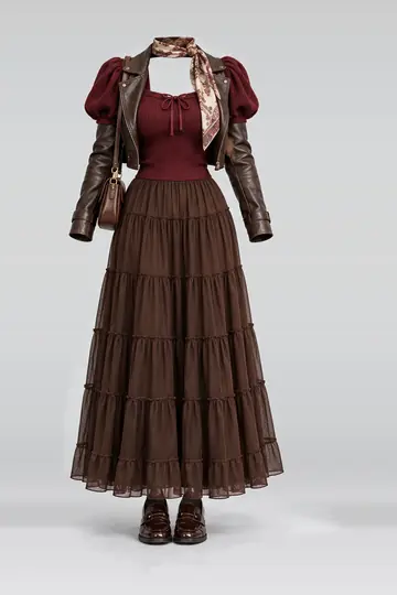 Burgundy knit ribbon skirt + leather jacket