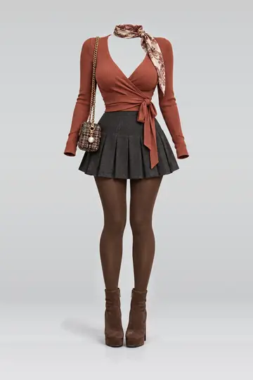 Knit top + black pleated mini skirt