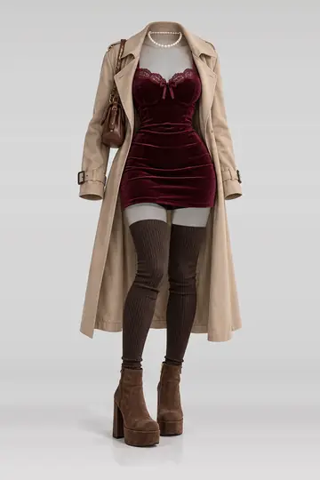 Burgundy lace velvet mini dress + beige coat