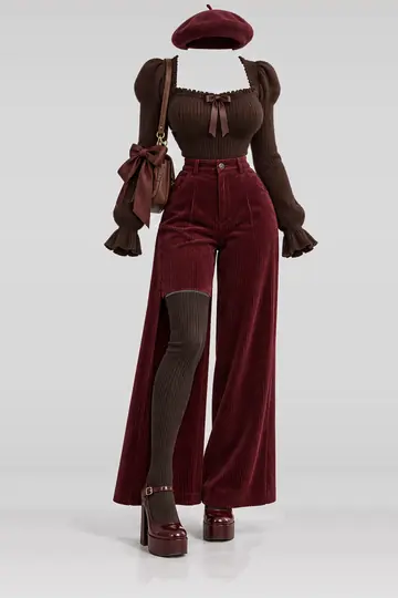 Brown knit ribbon + burgundy corduroy trousers
