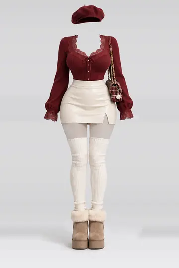 Red lace blouse + ivory leather mini skirt