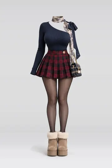 Navy ribbon knit top + red black pleated mini skirt