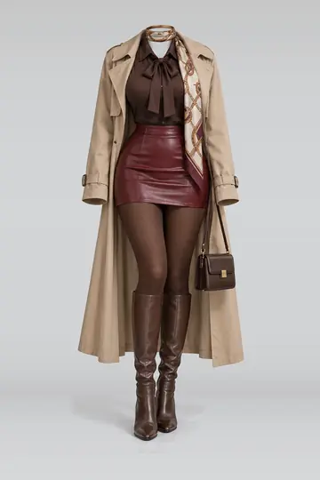 Brown blouse + red leather mini skirt