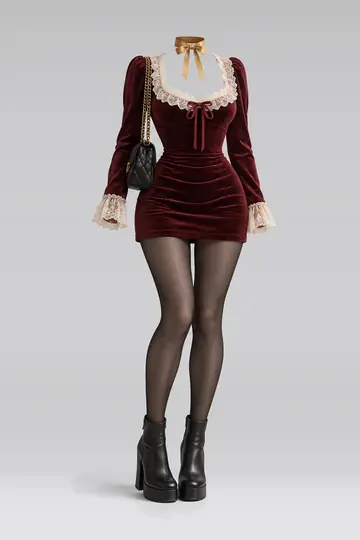 Burgundy lace velvet mini dress + black tights
