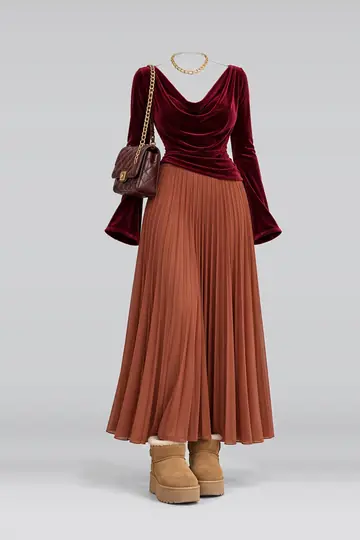 Red pleated skirt + boots