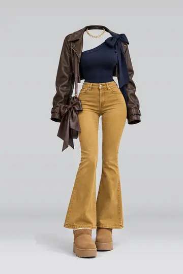Navy ribbon knit denim trousers + leather jacket