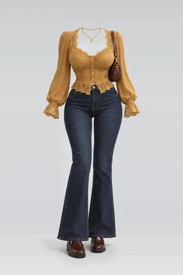 Lace blouse + navy denim trousers