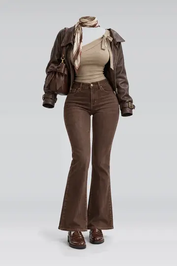 Khaki ribbon knit denim trousers + leather jacket