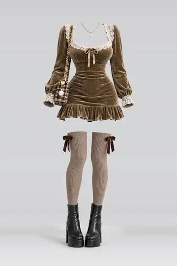 Khaki lace velvet mini dress + socks