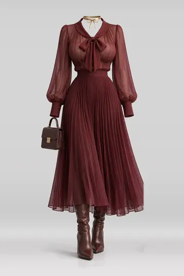 Burgundy blouse + red pleated skirt