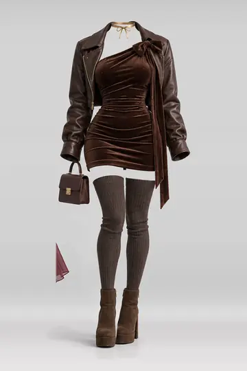 Ribbon knit mini dress + leather jacket