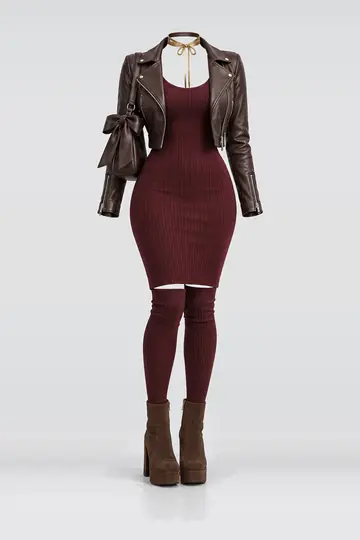 Burgundy knit dress + leather jacket