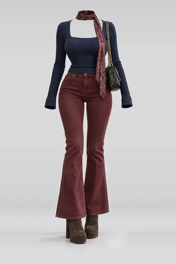 Navy knit top + burgundy denim trousers