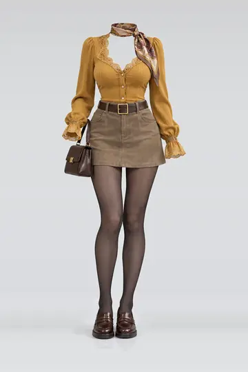 Lace blouse + khaki suede mini skirt