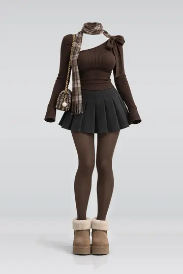 Brown ribbon knit top + black pleated mini skirt