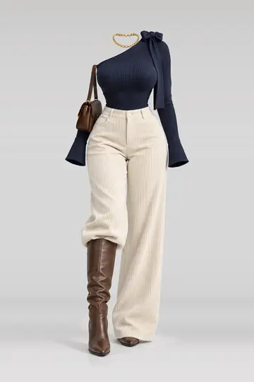 Navy ribbon knit top + ivory corduroy trousers