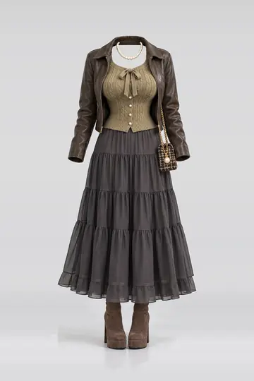 Khaki knit cardigan + skirt