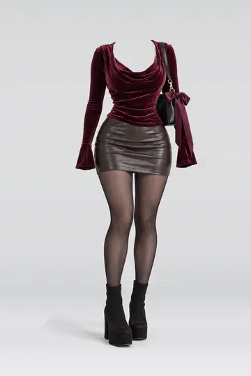 Burgundy brown leather mini skirt + black tights