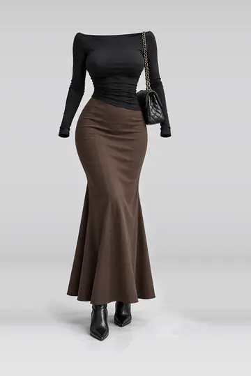 黑色拼棕色半身裙
