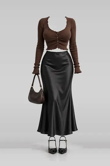 Brown cardigan + black satin skirt