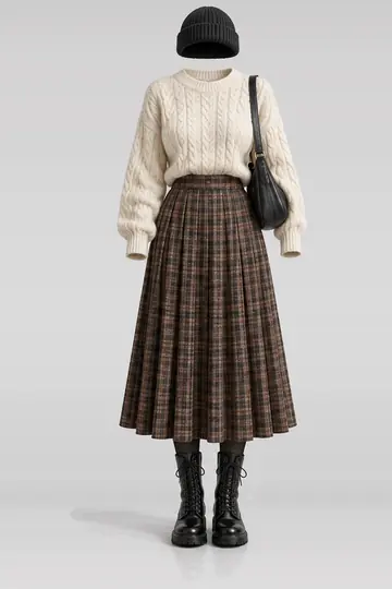 Ivory knit sweater + brown pleated midi skirt