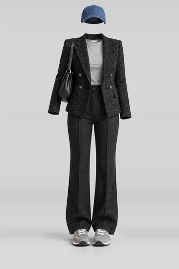Black jacket + grey sneakers