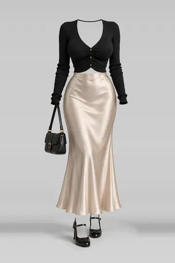 Black cardigan + satin skirt