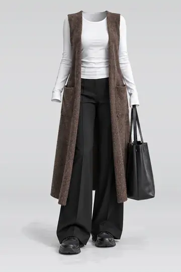 Brown knit top + white black trousers