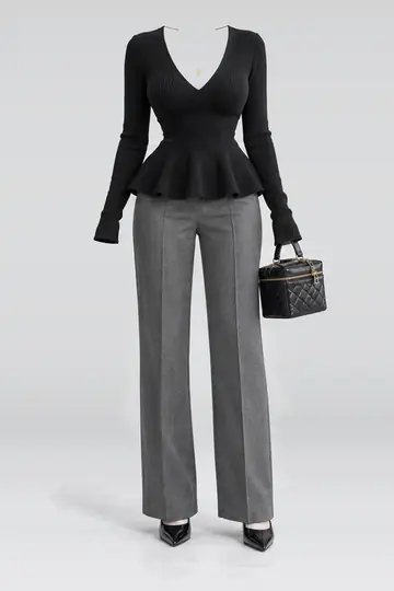 Black knit top + grey trousers