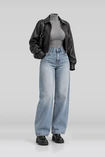 Black leather jacket + grey knit top