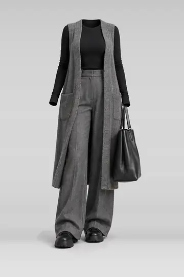 Grey knit top + black trousers