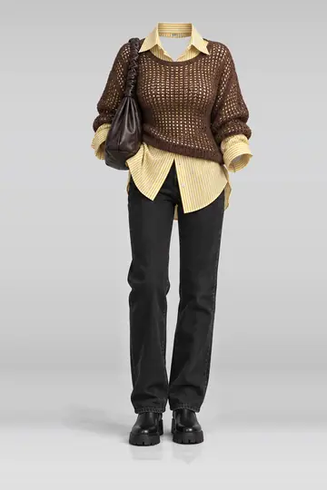 Yellow shirt + brown mesh knit top
