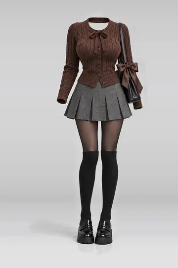 Brown knit cardigan + grey pleated mini skirt