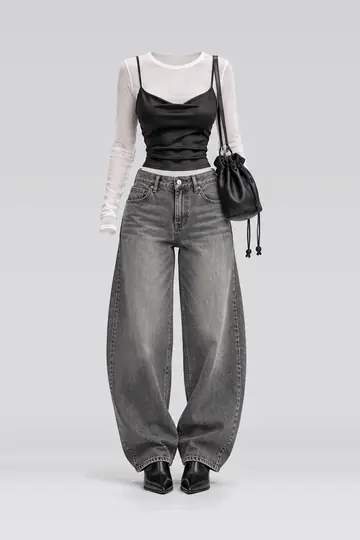 Black satin camisole + white grey denim jeans