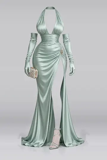 Mint satin gloves + high heels