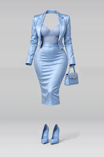 Blue satin skirt + lace camisole