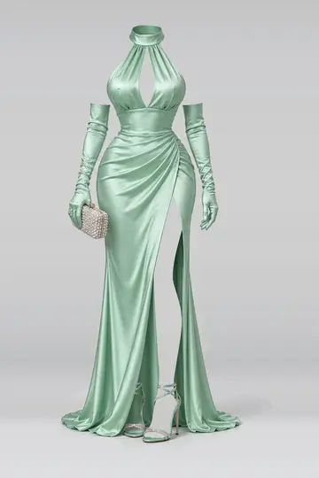 Mint satin gloves + high heels