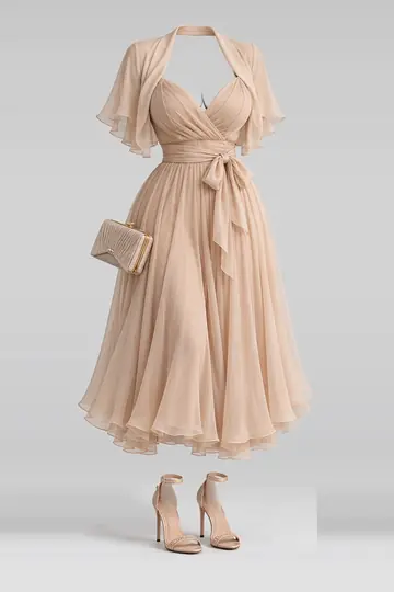 Beige chiffon midi dress + ribbon high heels