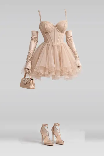 Beige mini dress + tulle skirt