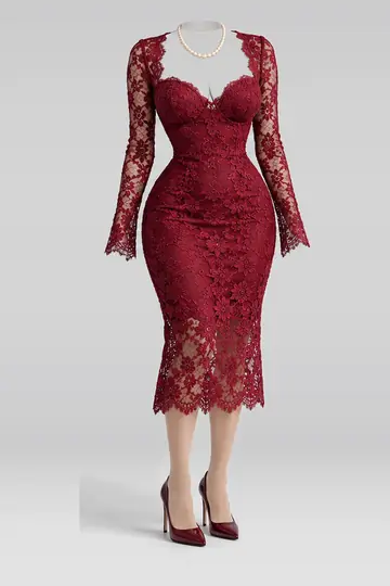 Red lace midi dress + tights