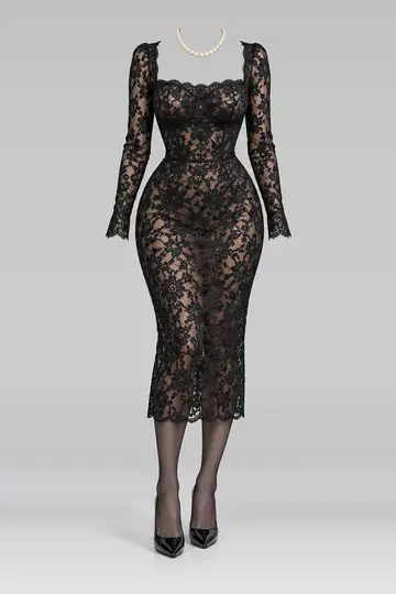 Black lace midi dress + tights